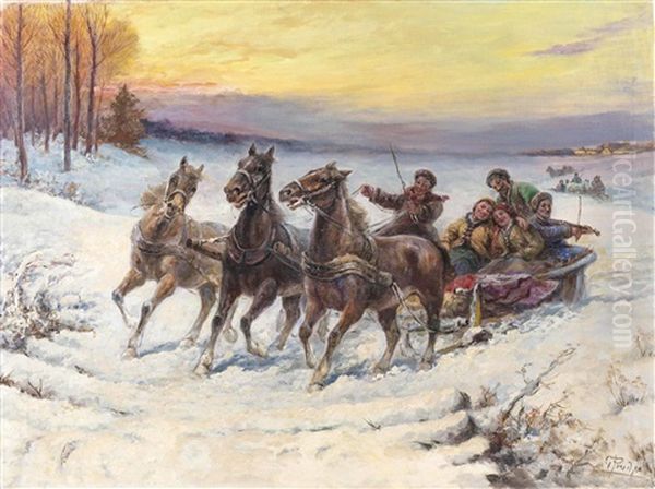 Troika In Der Winterlichen Puszta Oil Painting by Gustav Prucha