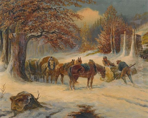 Winterlandschaft Mit Holzarbeitern by Gustav Prucha