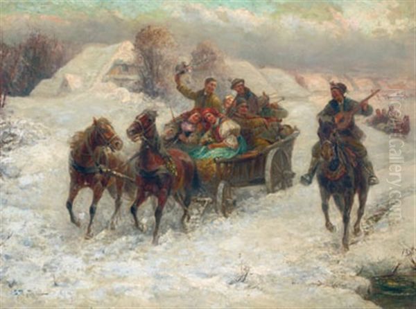 Winter Landscape With Figures In A Troika by Gustav Prucha