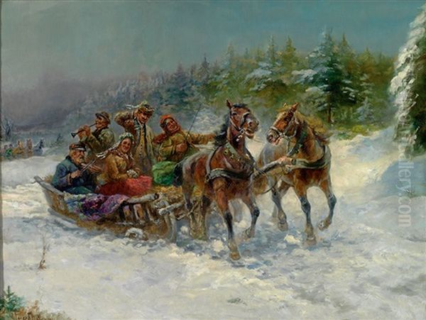 Winterliche Schlittenfahrt Mit Musikanten by Gustav Prucha