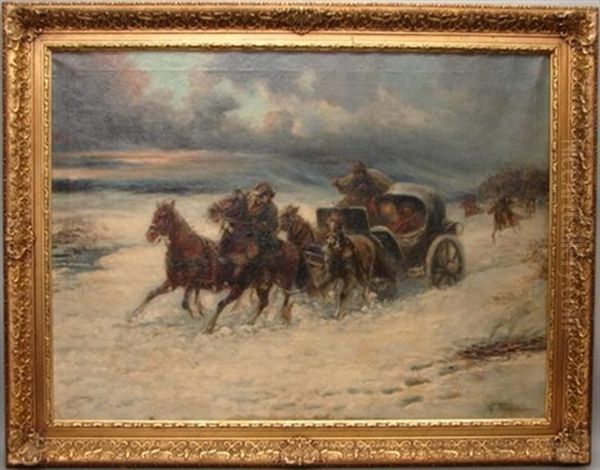 Winter Sleigh Scene Oil Painting by Gustav Prucha