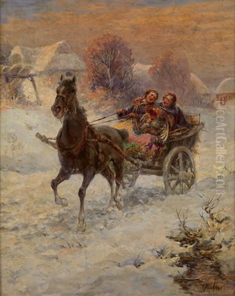 Ausfahrt Mit Der Pferdekutsche Im Winter by Gustav Prucha