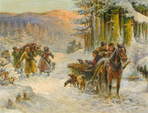 Die Barenjagd In Russland Oil Painting by Gustav Prucha