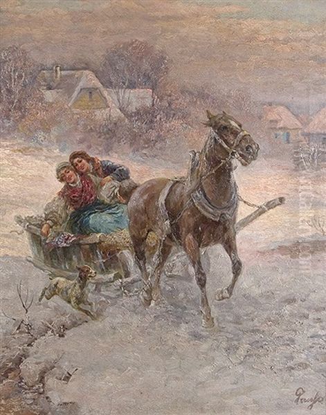 Sledging Oil Painting by Gustav Prucha