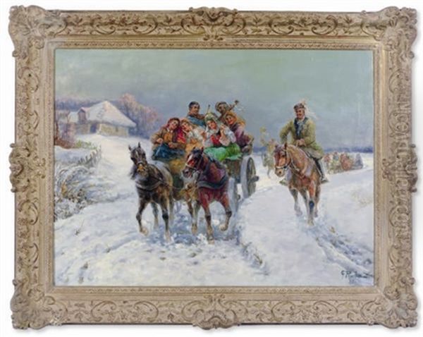 Merry Musicians In A Winter Landscape Oil Painting by Gustav Prucha