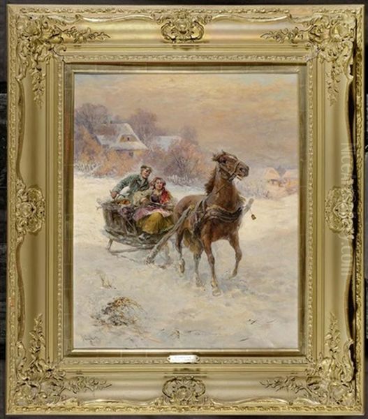 Retour De Marche. Parchen Auf Einem Schlitten Durch Den Schnee Fahrend Oil Painting by Gustav Prucha