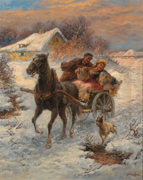 Schlittenfahrt Oil Painting by Gustav Prucha