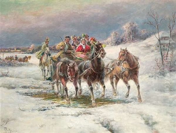 Lustige Gesellschaft In Einer Troika In Winterlandschaft Oil Painting by Gustav Prucha