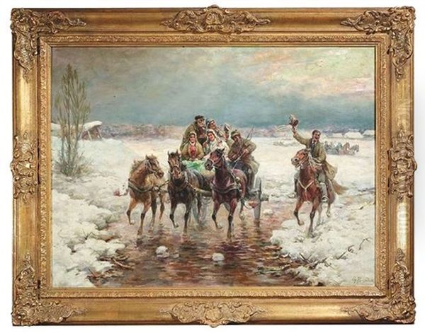 Winterlandschaft Mit Kleiner Hochzeitsgesellschaft In Einer Troika Oil Painting by Gustav Prucha