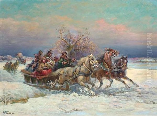 Russische Troika In Winterlandschaft Oil Painting by Gustav Prucha