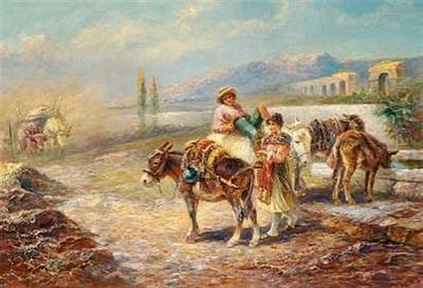 Ungt Par Med Deres Aesler I Den Romerske Campagne Oil Painting by Gustav Prucha