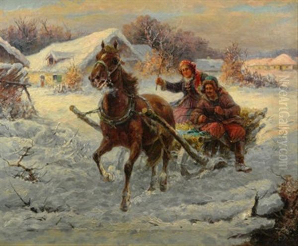 Rasante Schlittenfahrt In Winterlandschaft Oil Painting by Gustav Prucha