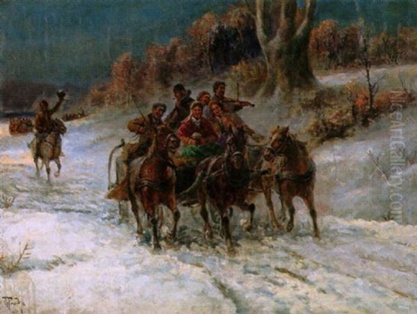 Frolicher Brautzug Im Schnee Oil Painting by Gustav Prucha