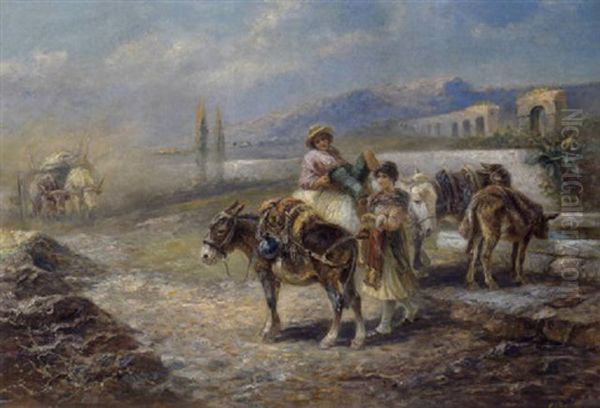 Bauernpaar Mit Maultieren In Campagna Oil Painting by Gustav Prucha