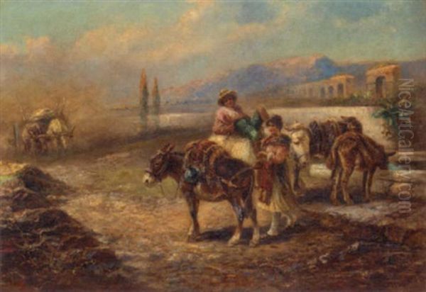 Watering The Donkeys On The Roman Campagna by Gustav Prucha