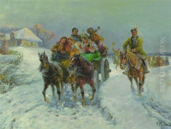 Lustige Ausfahrt Im Winter (bauerlicher Hochzeitszug?) by Gustav Prucha