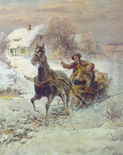 Heitere Schlittenfahrt Im Winter Oil Painting by Gustav Prucha