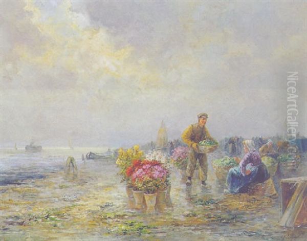 Blumenmarkt An Der Franzosischen Kuste Oil Painting by Gustav Prucha