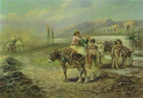 Bauernpaar Mit Maultieren In Der Campagna Mit Einem Aquadukt Rechts by Gustav Prucha