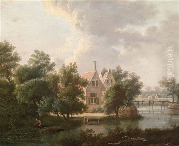 Hollandische Flusslandschaft Mit Einem Landhaus Unter Baumen by Anthonie Daniel Prudhomme