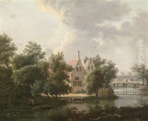 Hollandische Flusslandschaft Mit Einem Landhaus Unter Baumen Oil Painting by Anthonie Daniel Prudhomme