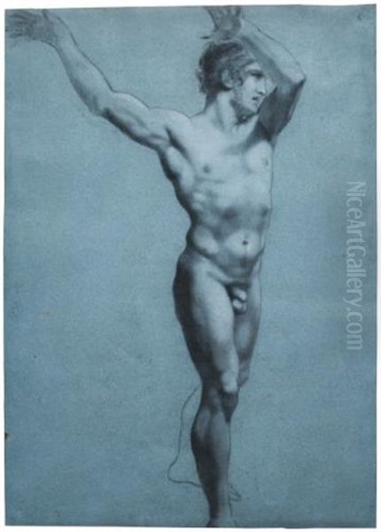 Standing Male Nude, With Both Arms Raised Oil Painting by Pierre-Paul Prud'hon