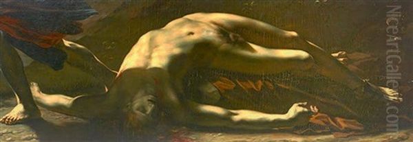 Figure D'homme Nu Allonge; Reprise De La Victime Dans La Justice Et La Vengeance Divine Poursuivant Le Crime Oil Painting by Pierre-Paul Prud'hon