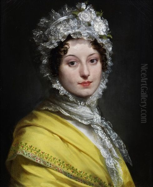 Portrait Of Louise De Gueheneuc, Duchesse De Montebello (1782-1856), Bust-length, In A Yellow Shawl And A Lace Bonnet Oil Painting by Pierre-Paul Prud'hon