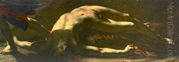 Figure D'homme Nu Allonge; Reprise De La Victime Dans La Justice Et La Vengeance Divine Poursuivant Le Crime Oil Painting by Pierre-Paul Prud'hon