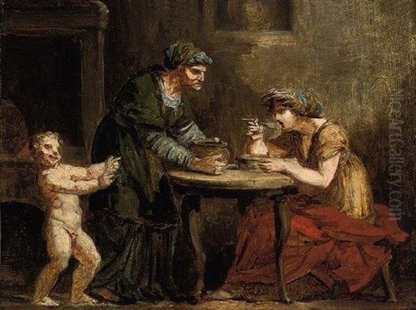 An Old Woman Serving A Lady Seated At A Table, With A Child Attending Oil Painting by Pierre-Paul Prud'hon