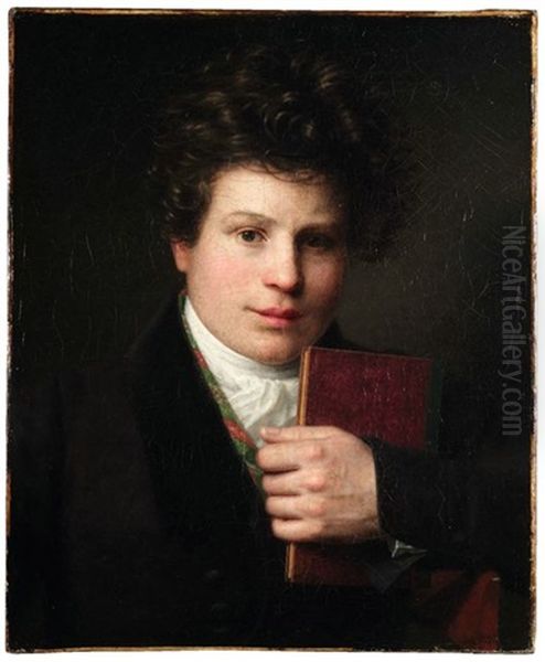 Brustbild Eines Lockenkopfigen Jungen Mannes, Wohl Eines Literaten. Seine Linke Hand Umfasst Ein Buch, Das Er An Sich Druckt Oil Painting by Pierre-Paul Prud'hon