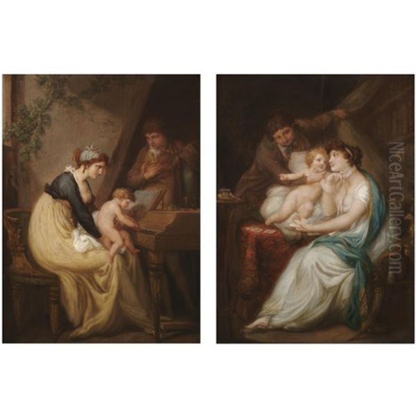 A Couple And Their Child Playing Cards (+another; Pair) Oil Painting by Pierre-Paul Prud'hon