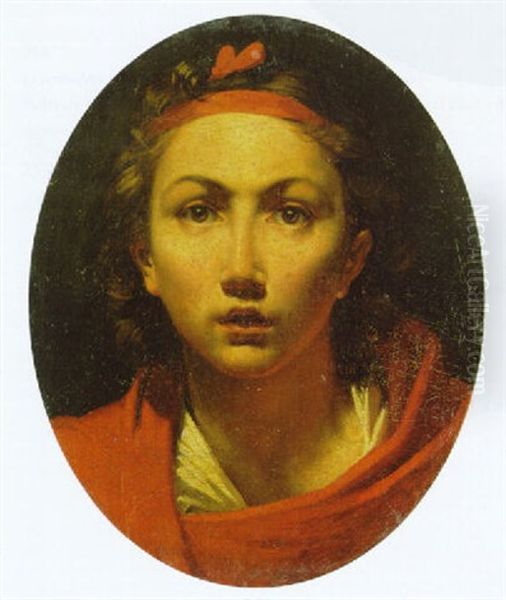 Portrait Of A Girl, Bust-length, With A Red Mantle And Hairband Oil Painting by Pierre-Paul Prud'hon