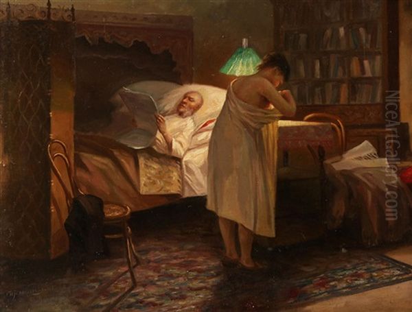 At The Bed Oil Painting by Illarion Mikhailovch Pryanishnikov