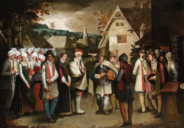 A Wedding Procession Through A Town Oil Painting by Nicolas Baullery