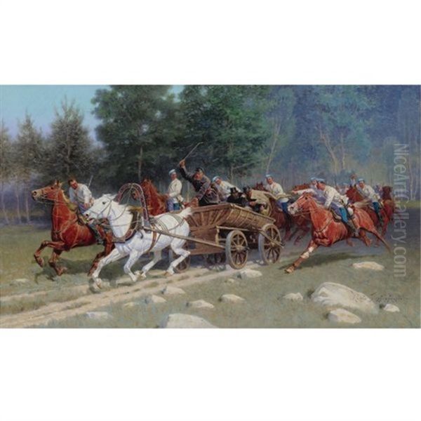 Cavalry On The Attack Oil Painting by Ivan Petrovich Pryanishnikov