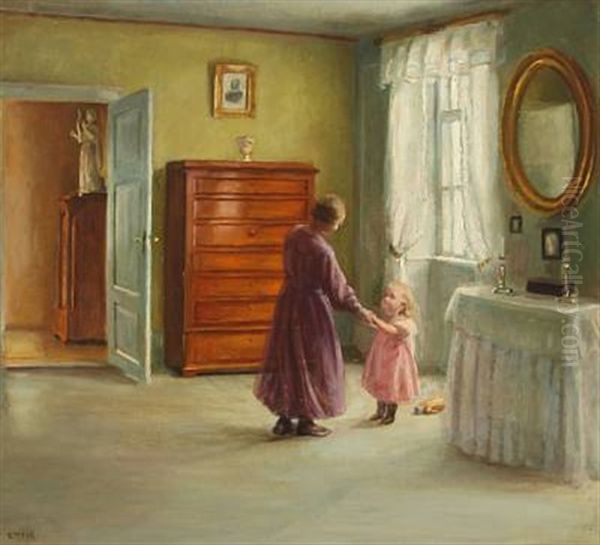 Interior With Mother And Daughter Oil Painting by Caja Prytz