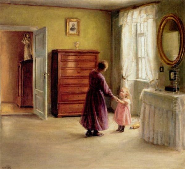 Interior Med Mor Og Datter Ved Vinduet Oil Painting by Caja Prytz