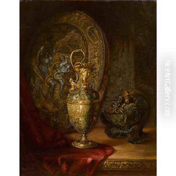 Nature Morte Au Reliquaire Et Casque Oil Painting by Lucien Przepiorski