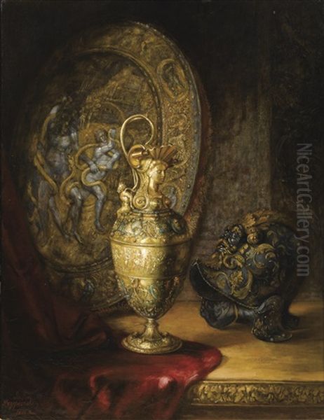 Casque, Aiguiere Et Bouclier Sur Une Table Oil Painting by Lucien Przepiorski