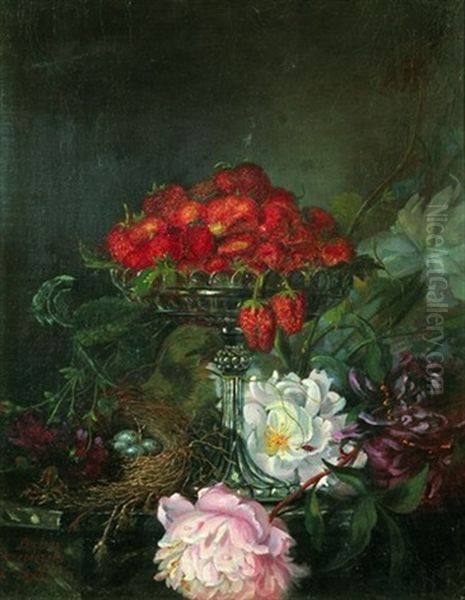 Nature Morte A La Coupe De Fraises Et Fleurs Oil Painting by Lucien Przepiorski