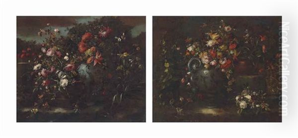 Flowers In Urns And Vases In A Garden (pair) Oil Painting by  Pseudo Guardi