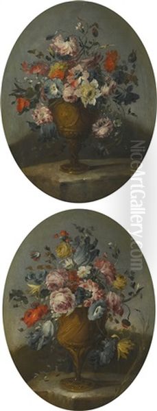 A Pair Of Still Lifes Of Roses, Anemones, Tulips And Other Flowers In Bronze Urns, Resting On Stone Ledges Oil Painting by  Pseudo Guardi