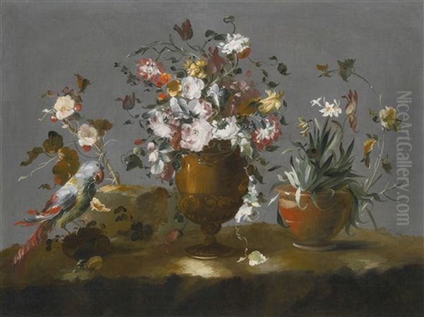 A Still Life With Roses, Carnations And Other Flowers In A Vase, A Potted Daffodil And A Parrot On A Ledge Oil Painting by  Pseudo Guardi