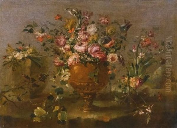 A Still Life With Roses, Carnations And Other Flowers In A Vase On A Ledge Oil Painting by  Pseudo Guardi