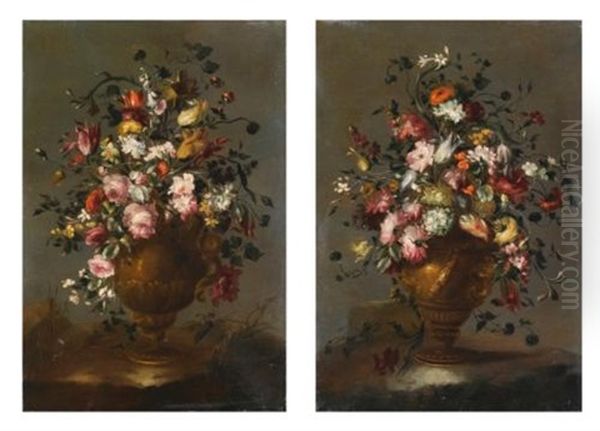 Two Still Lifes With Roses, Tulips, Viburnums, Sunflower, Poppies And Other Flowers In A Vase (pair) Oil Painting by  Pseudo Guardi