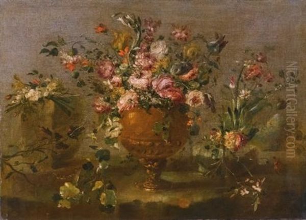 A Still Life With Roses, Carnations And Other Flowers In A Vase On A Ledge Oil Painting by  Pseudo Guardi