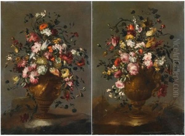 Two Still Lifes With Roses, Tulips, Viburnums, Sunflower, Poppies And Other Flowers In A Vase (pair) Oil Painting by  Pseudo Guardi