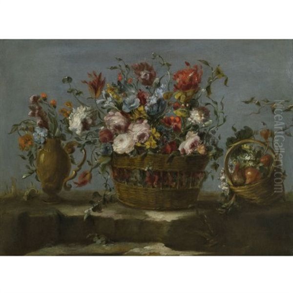 Still Life Of A Basket Of Flowers On A Rock Ledge, With A Vase Of Flowers And A Basket Filled With Fruit And Vegetables Oil Painting by  Pseudo Guardi