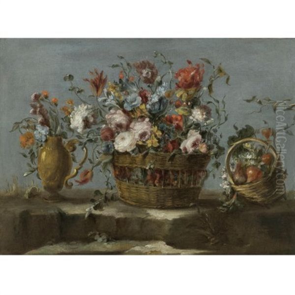 Still Life Of A Basket Of Flowers On A Rock Ledge, With A Vase Of Flowers And A Basket Filled With Fruit And Vegetables Oil Painting by  Pseudo Guardi